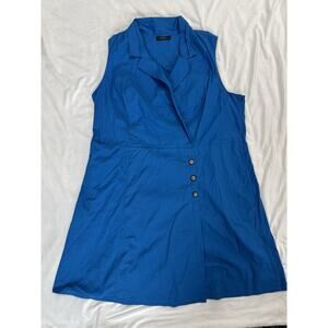 eShakti Blue Collared Sleeveless A-Line Knee Length Dress Button Accent M